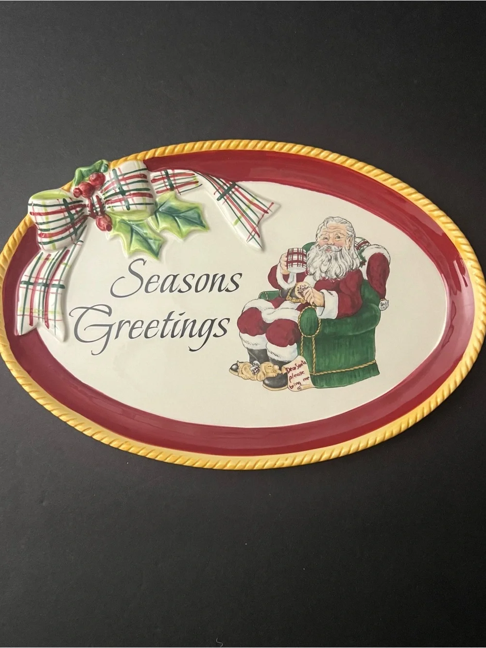 Fitz and Floyd Seasons Greetings Oval Platter - Red, Green, Gold NEW